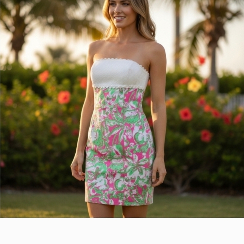 Lilly Pulitzer Cotton  White Strapless Dress with Pink & Green Floral Print 2